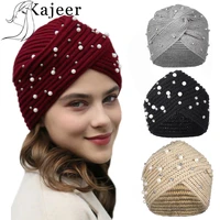 kajeer knit headbands for women indian fashion elastic cross knotted winter warm turban hat rhinestone pearl bandanas muslim hat