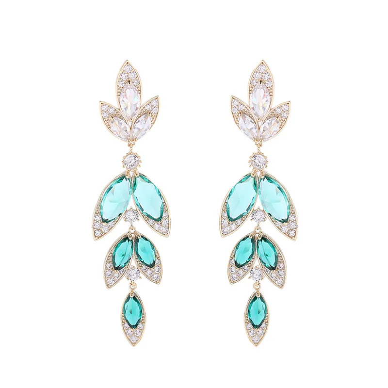 

AJC Women's earrings exaggerated heavy green treasure long colored zircon cool wind leaf fashion earrings
