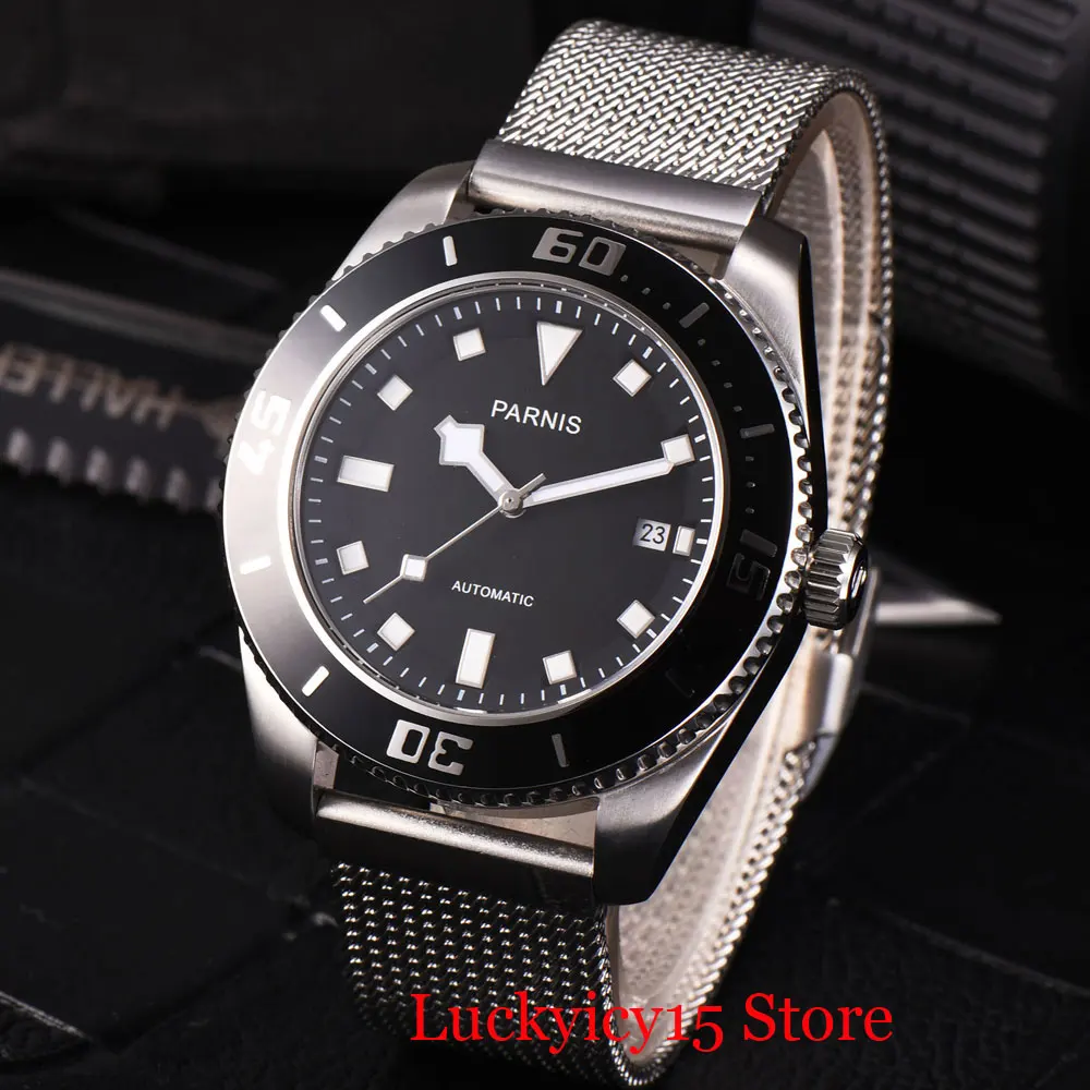 

PARNIS Automatic Wristwatch Men Date Function Mental Strap Sapphire Glass 42mm Watch Black Dial