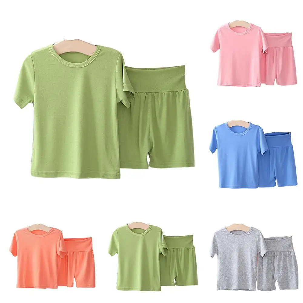 

Kids Girls Solid Color Round Neck Short Sleeve T Shirt High Waist Shorts Tracksuit Set Causal Sport Pajamas Outfit