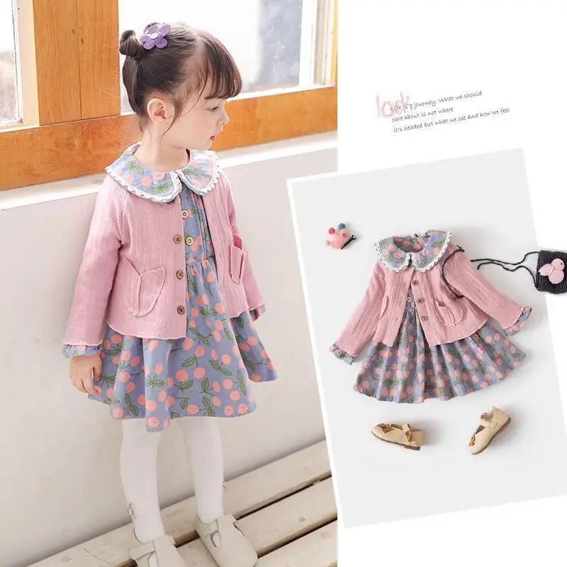 

1-5 Years 2 PCS/set Spring Autumn Dress +Cardigan Jacket Long Sleeve Flower Princess Dress
