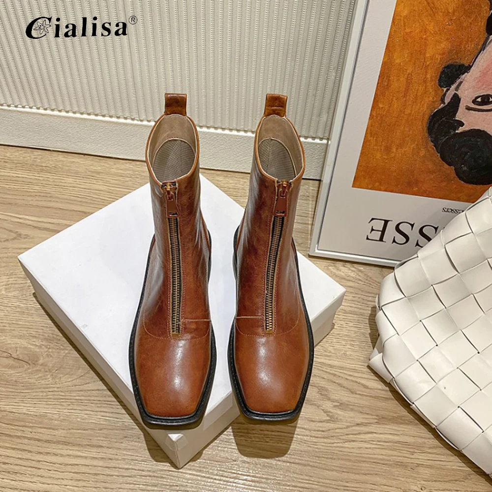 

CIALISA Women Boots Genuine leather Zipper Short Plush Square Toe Ankle Boot Fashion Autumn Winter High Heels Warn Women Shoes