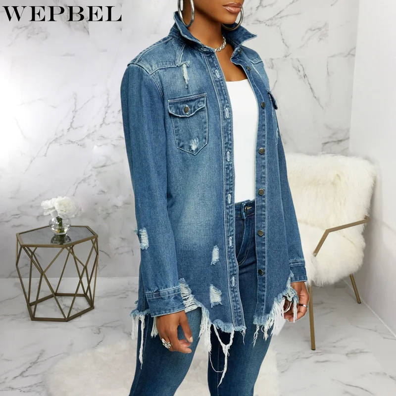 

WEPBEL Women Denim Coats Long Jeans Denim Jacket Ripped Holes Jean Jackets Button Down Cardigan Tops Coat Outwear