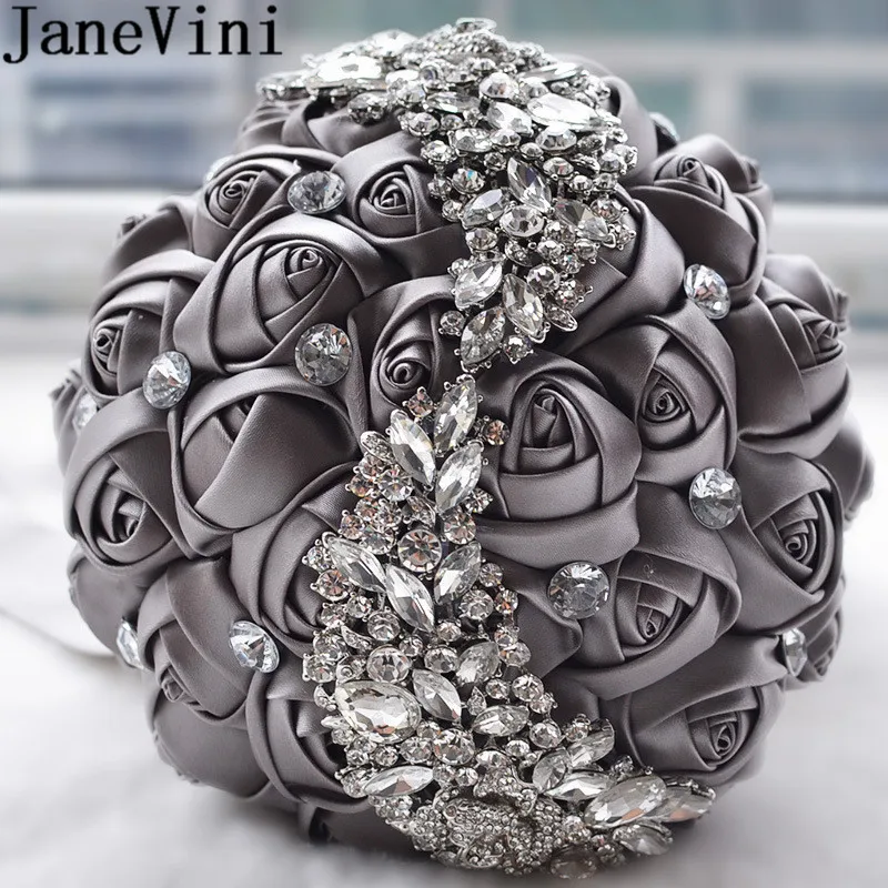 JaneVini серебряный кристалл красный свадебный букет цветов атласная роза бисером