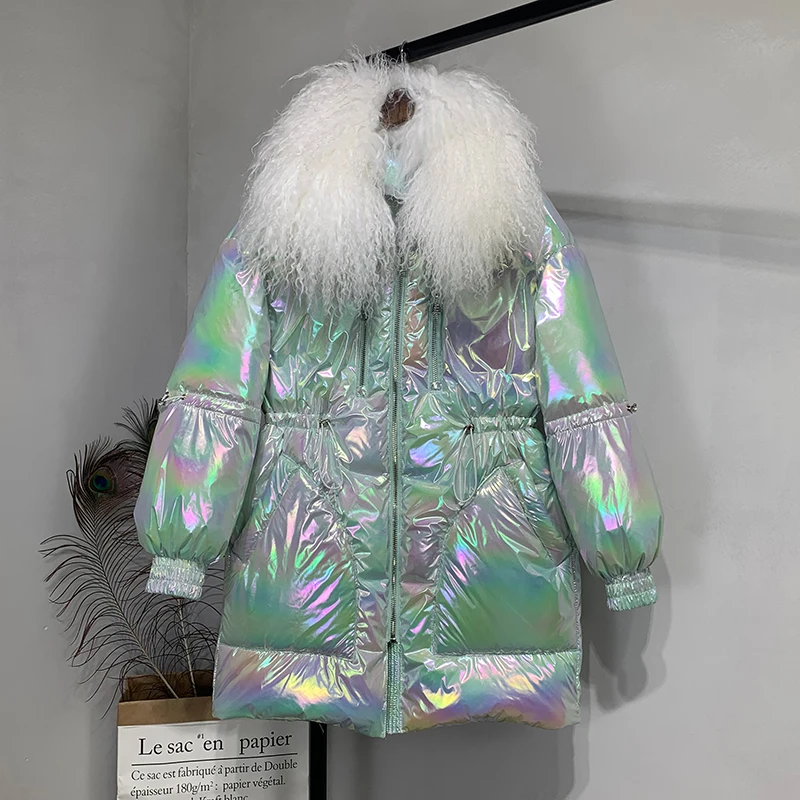 Женский пуховик с натуральным мехом Janveny водонепроницаемая блестящая