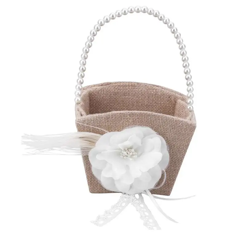 Джутовая корзина для цветов в стиле ретро кружевная свадебная с жемчугом и