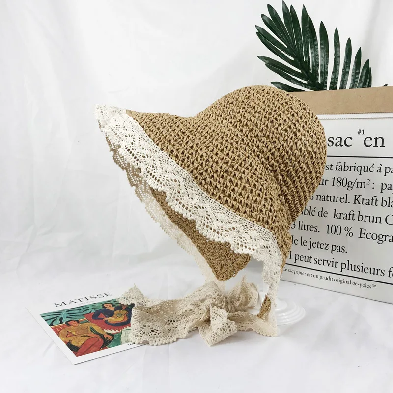 

Retro small fresh lace lace straw hat female summer seaside holiday sun shade beach hat can be matched with parent-child hat