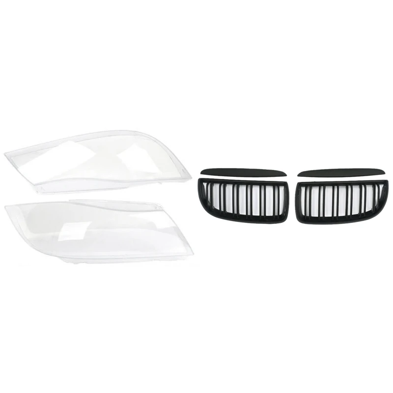 

1 Set Front Bumper Kidney Grill Dual Slat Grilles & 1 Pcs Car Headlight Xenon Lens Shell Cover