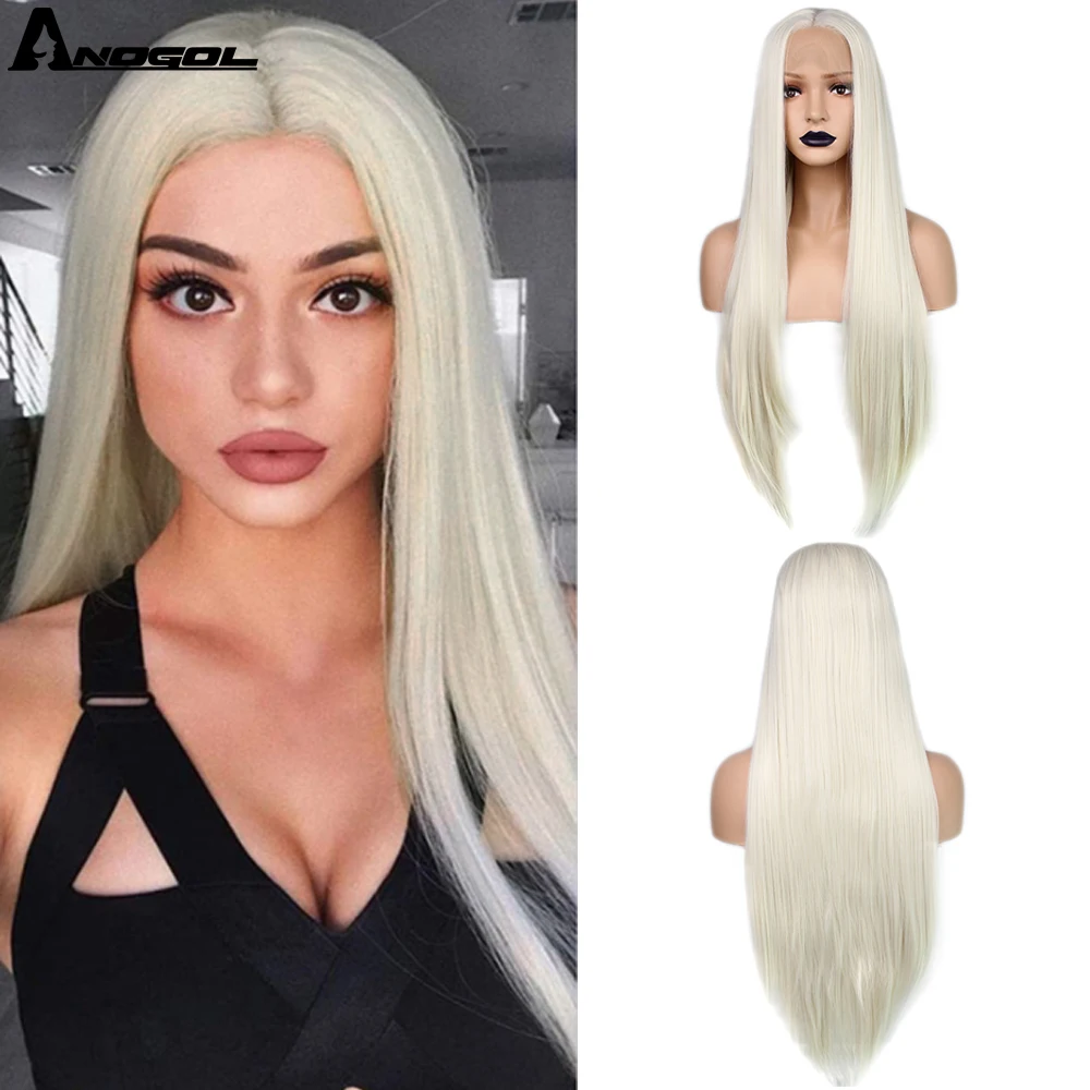 Anogol Long Natural Straight White Blonde Glueless High Temperature Fiber Middle Part Synthetic Lace Front Wig For Women