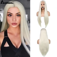 anogol long natural straight white blonde glueless high temperature fiber middle part synthetic lace front wig for women
