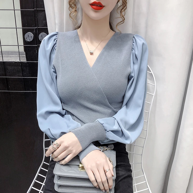 

HKCP Fashion Womens Sweaters Solid Office Lady Casual V-Neck Long Sleeve Patchwork Knitted Pullovers Spring/Autumn 2020 New