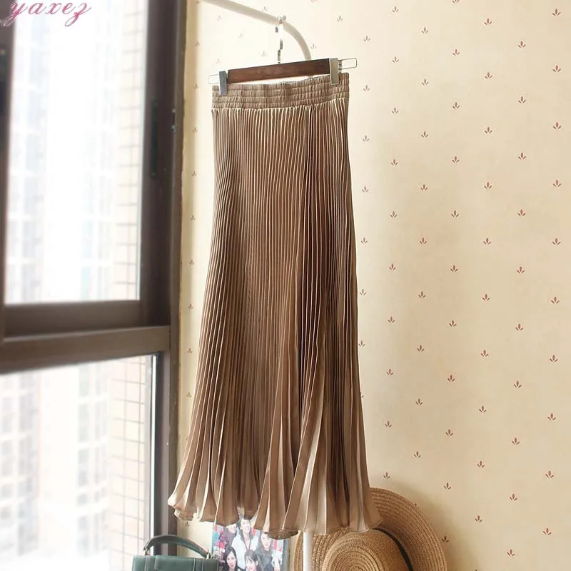 Золотистая плиссированная юбка Женская с высокой талией длинная средней длины