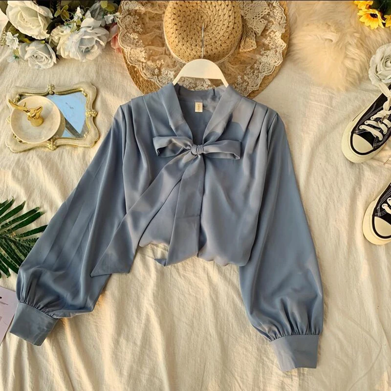 

2020 Fashion Vintage V-neck Blouse Shirt New Bow Design Long Sleeve Loose Ruffle Blouse Solid Ladies office Chiffon Tops