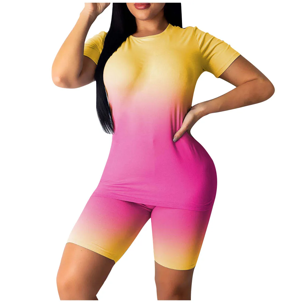 Женский Галстук Dyies с принтом круглый вырез короткий рукав топ и штаны комплект