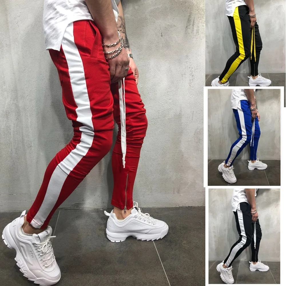 

Мужские спортивные брюки-карандаш с полосками по бокам, красная повседневная спортивная одежда с эластичным поясом, штаны для бега, Мужская...