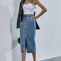 women streetwear casual pocket high waist straight jean skirts 2021 new single breasted knee all match length denim skirt female