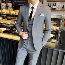 (Jacket+Vest+Pants) Men Business Formal Slim Fit Wedding Prom Suits Male Boutique Plaid Design Groom Dress Blazers 3 Pieces Set (2)