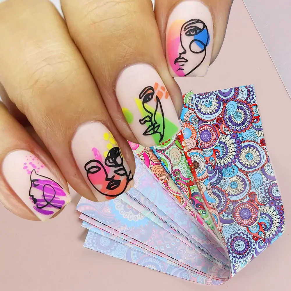 

10pcs Manicure Transfer Paper DIY Nail Art Decoration Abstract Face Line Nail Stickers Girl Flowers Leaf Nail Foils