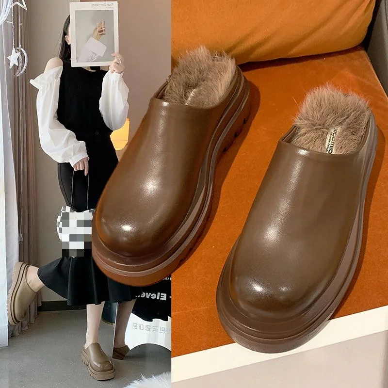 

Новинка, Женская Осенняя уличная модная теплая обувь из искусственного меха на плоской платформе, коричневые женские туфли