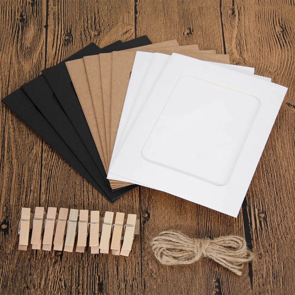 10 Pcs DIY Kraft Paper Photo Frame 3-7 inch Hanging Wall Photos Picture With Clips and Rope For Family Memory | Дом и сад