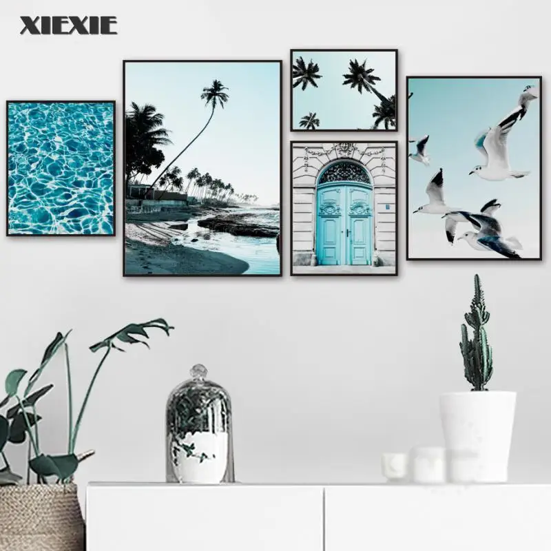

Картина на холсте с голубым морским кокосовым деревом и воротами, настенные картины в скандинавском стиле для украшения гостиной