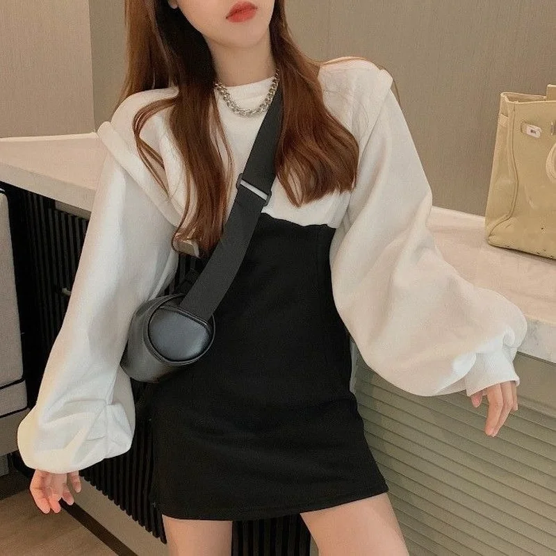 

Mini Dress Women Patchwork Korean Style Chic Leiusre Slim Hipster Sweet Lantern Sleeve Ulzzang O-Neck Casual Ladies Temperament