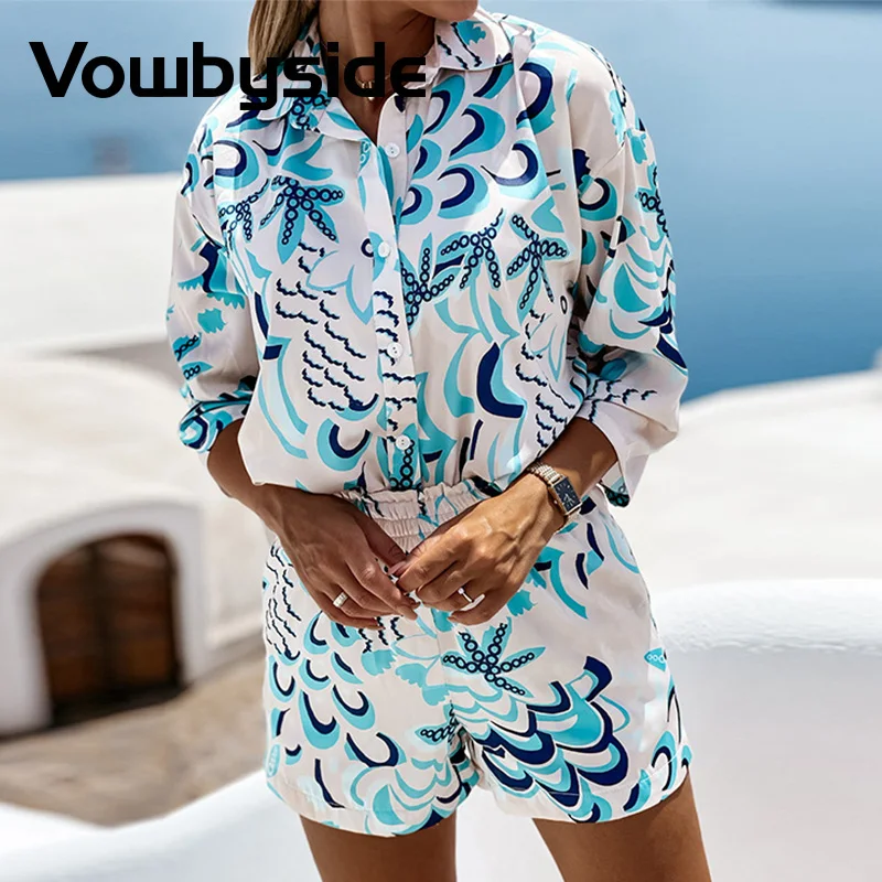 

Chic Printed Long Sleeve Shirt Tops Set & Shorts Set Women Casual Two Piece Set