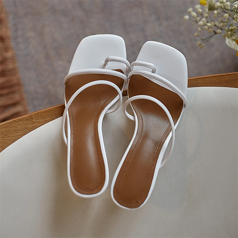 

Meotina Slippers Shoes Women Narrow Band High Heel Sandals Square Toe Strange Style Ladies Footwear Summer White Fashion 34-43