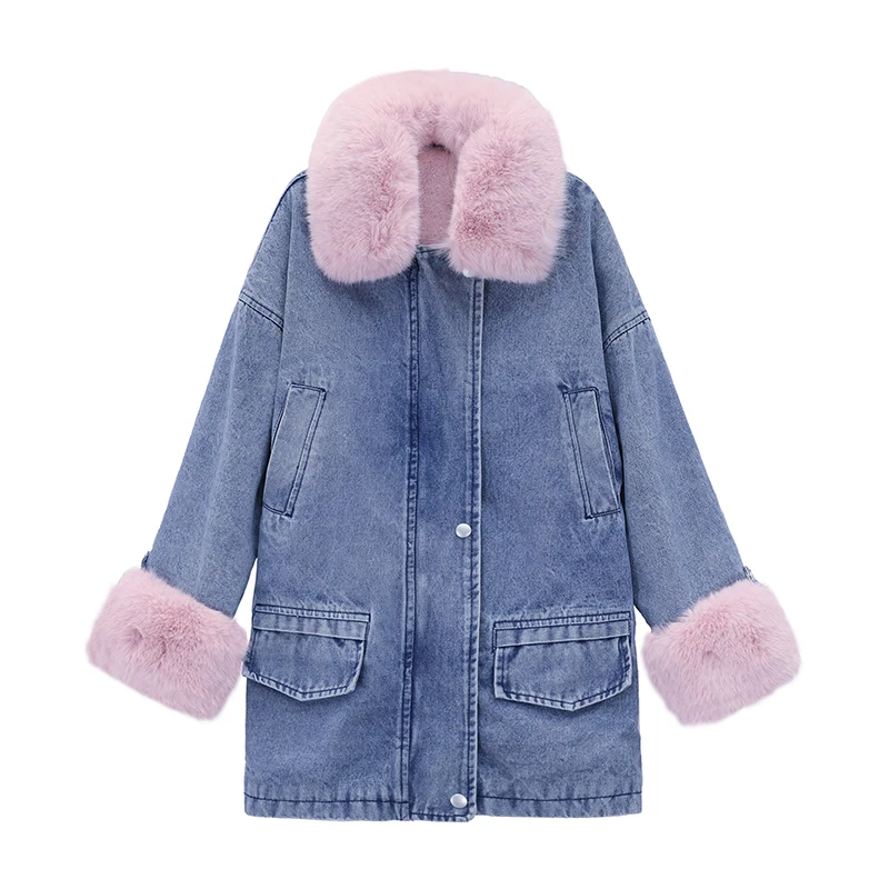

Guilantu Winter Thick Cotton Padded Denim Jacket Women Fashion Fur Collar Long Parka Mujer Grey Pink Casual Jeans Coat Female