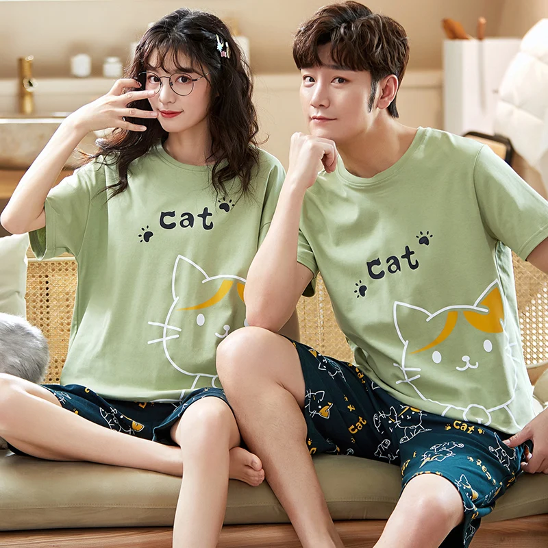 

Summer Cotton Pajamas Set Cute Cats Print Cattoon Women Nightwear Fashion Green Plus Size O-Neck Short Sleeve Couple Homewear