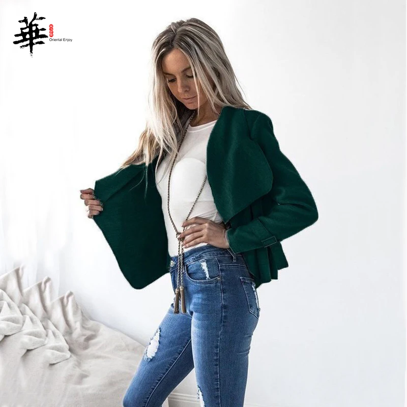 Green Однотонный асимметричный кардиган с отложным воротником, куртка с длинным рукавом, Осенние повседневные женские куртки и пальто, верхняя одежда - Цвет: Green
