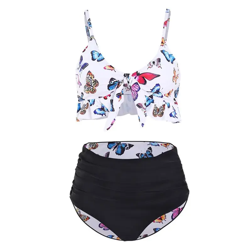 

H9ED Womens Sexy Bikini Set Ruffles Tie Knot Butterfly Printed Reversible Swimsuit