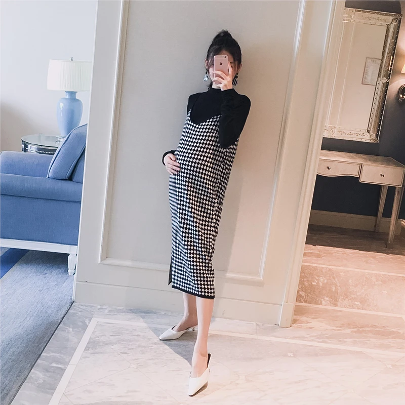 2 шт./компл. черный вязаный беременности и родам рубашки на подкладке + платье