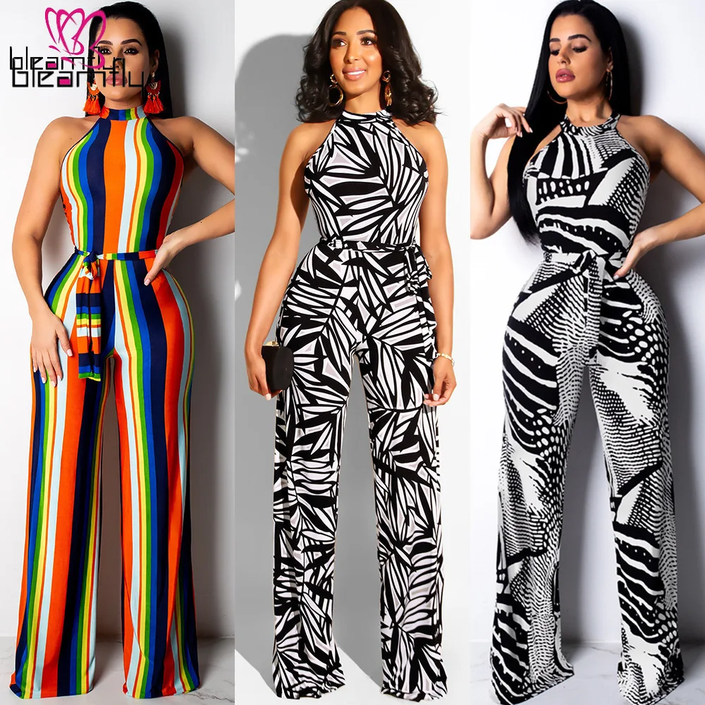 Женский Летний комбинезон в радужную полоску на шнуровке с бретелькой через шею