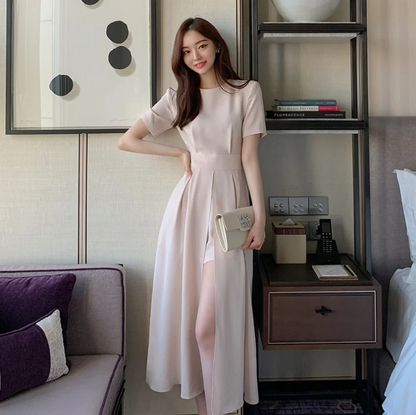 

Women Elegant Vestidos 2021 Summer Korean Style Slim Elegant Party Chic Casual Party Sexy Spilt Dresses