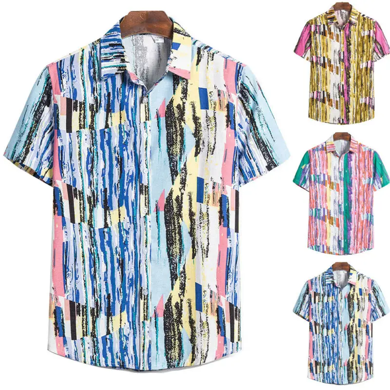 

Для мужчин короткий рукав абстрактный Рубашка в полоску Праздничная Пляжная, с пуговицами на Повседневное Свободный Топ, одежда для мальчи...