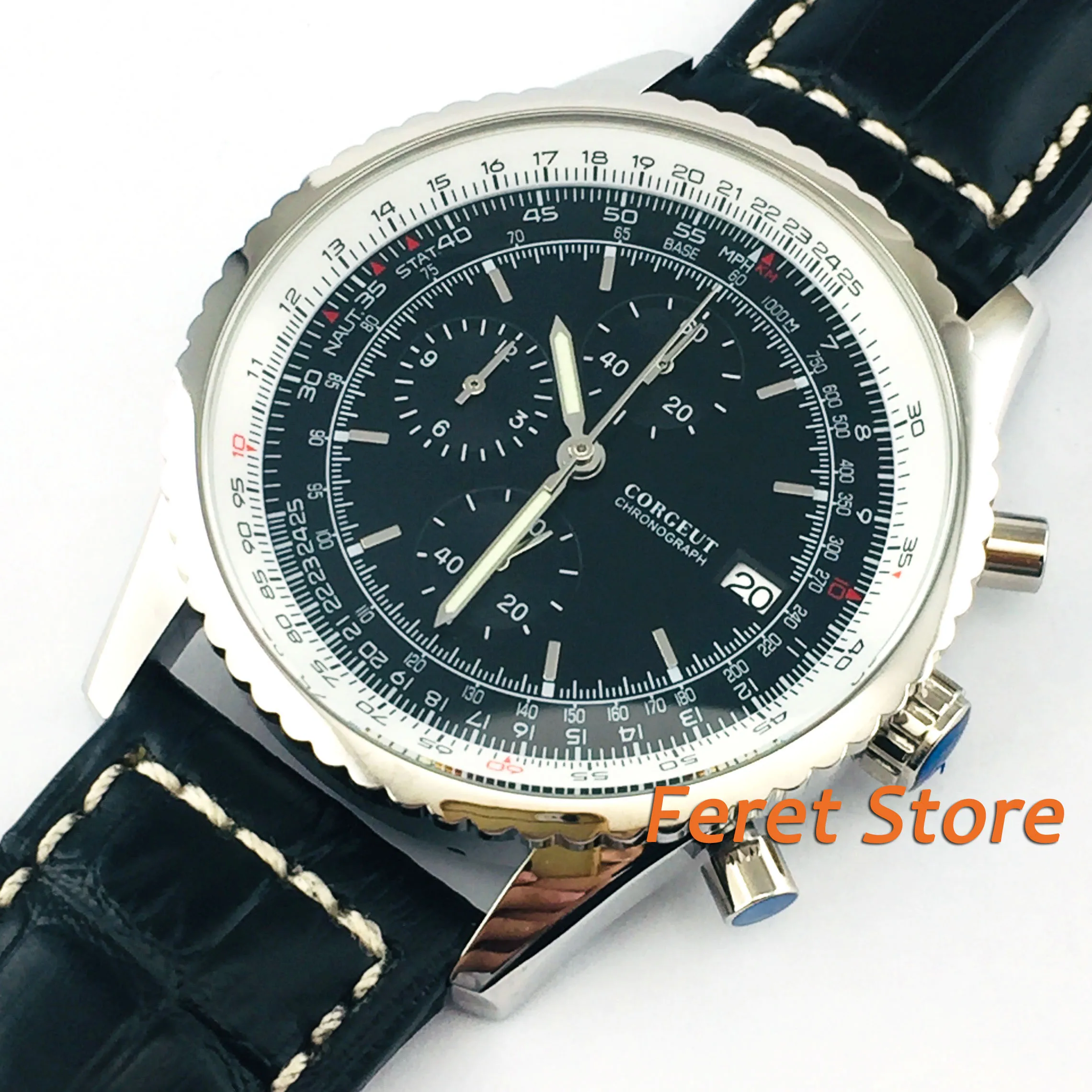 45mm Corgeut Chronograph mens watch black dial polished silver case Japan Quartz Movemen c16