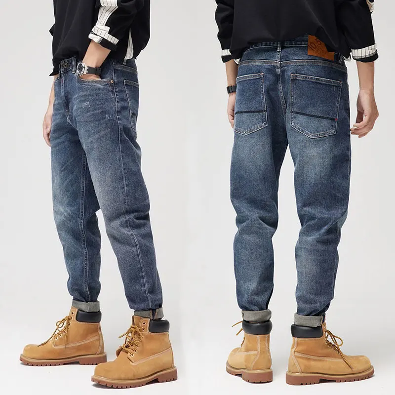 

Korean Style Fashion Men Jeans Loose Fit Retro Blue Elastic Frayed Ripped Jeans Men Vintage Designer Wide Leg Casual Denim Pants