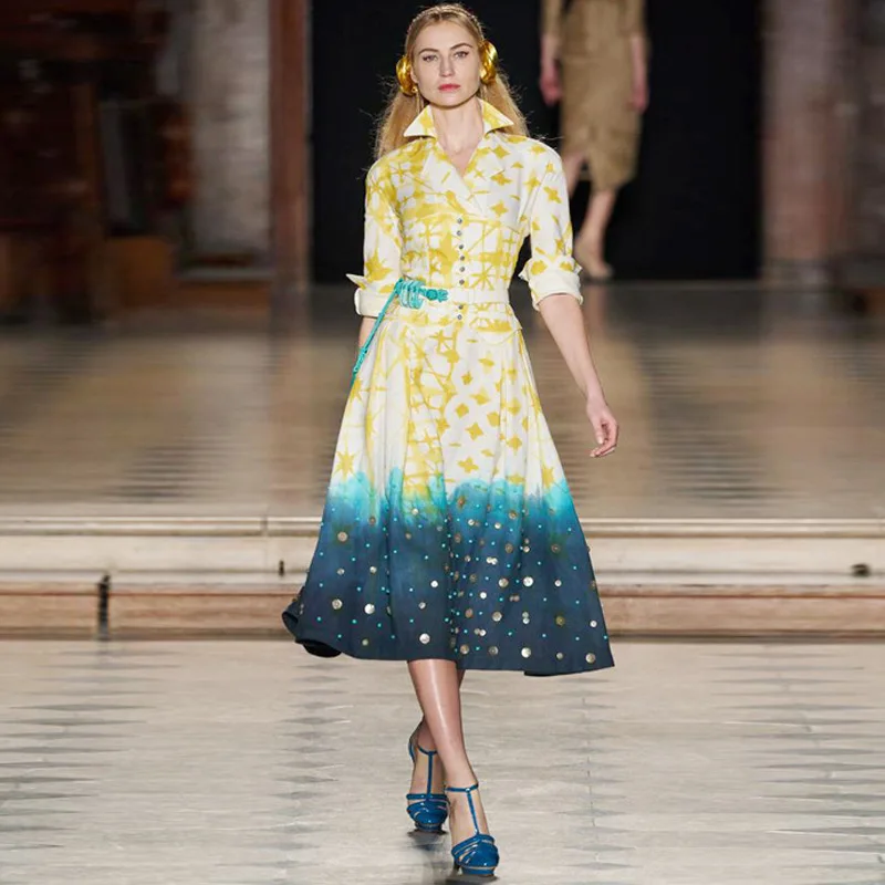 

New Autumn High Quality Runway Dress Women 2021 Elegant Vintage Turn-down Collar Printed Midi Dresses Robe Femme