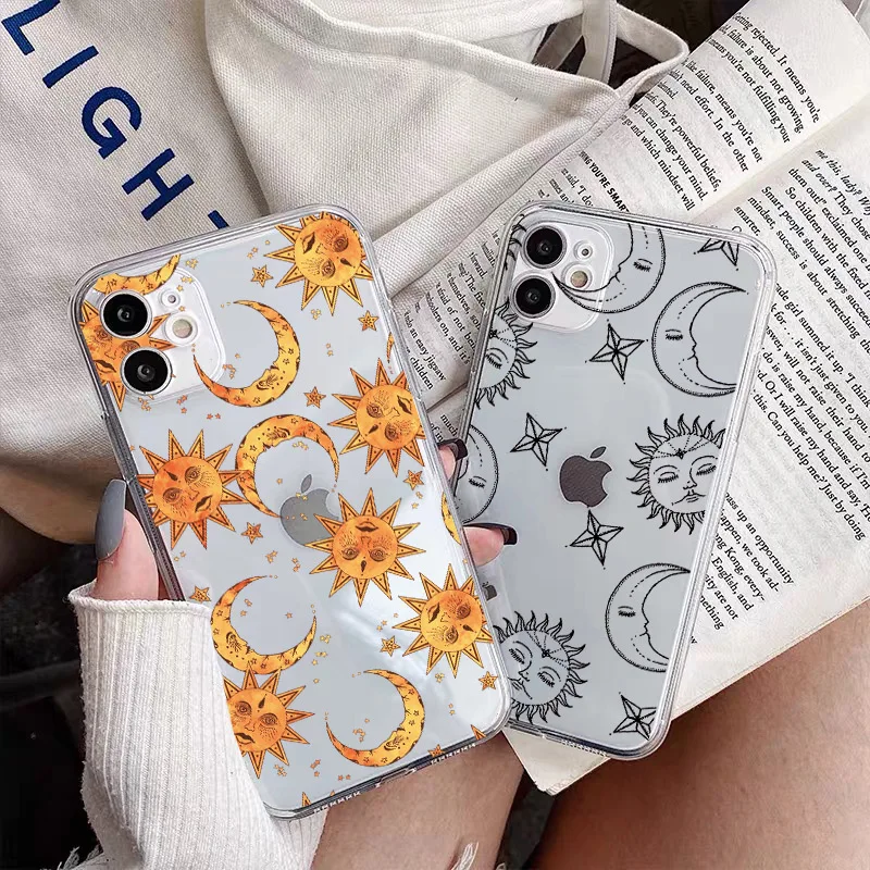 Funny Sun Moon Face Shockproof Phone Case For iPhone 11 12 13 Pro MAX X XS MAX XR SE 2020 7 8 Plus transparent Matte Back Cover