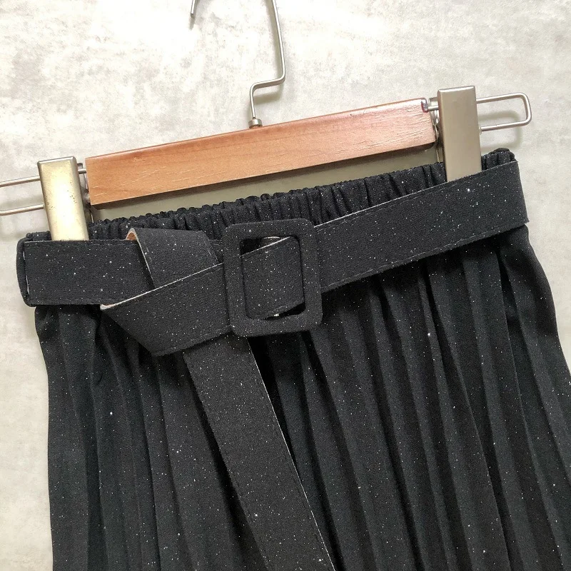 Юбка женская плиссированная с поясом блестящая трапециевидная юбка миди в