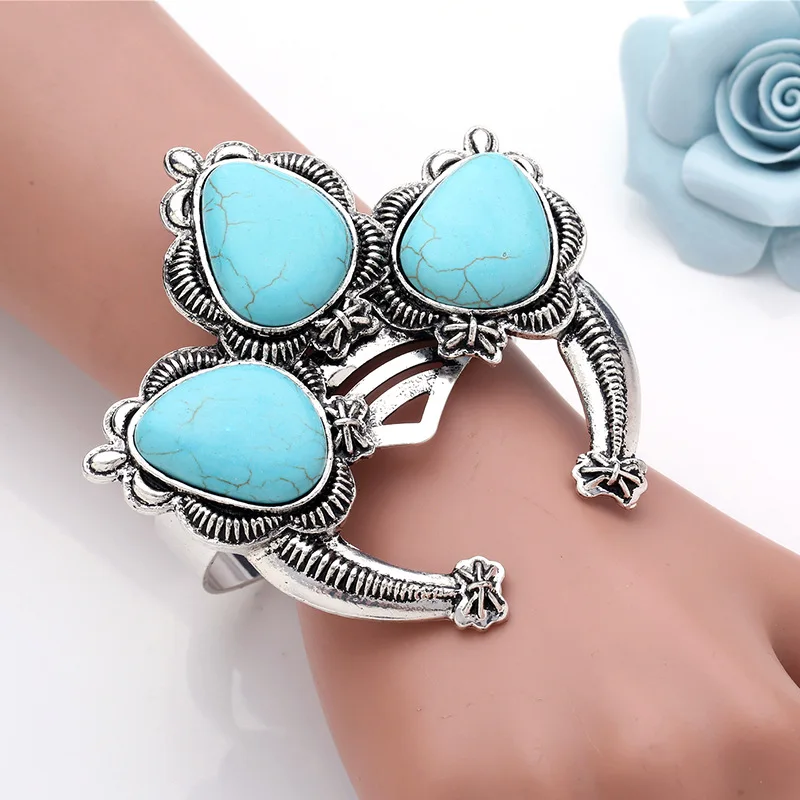 Banny Pink Chunky Turquoises Cluster Bangle Bracelet For Women Bohemia Stone Cuff Wristband large Alloy Wristlet Pulseras | Украшения и