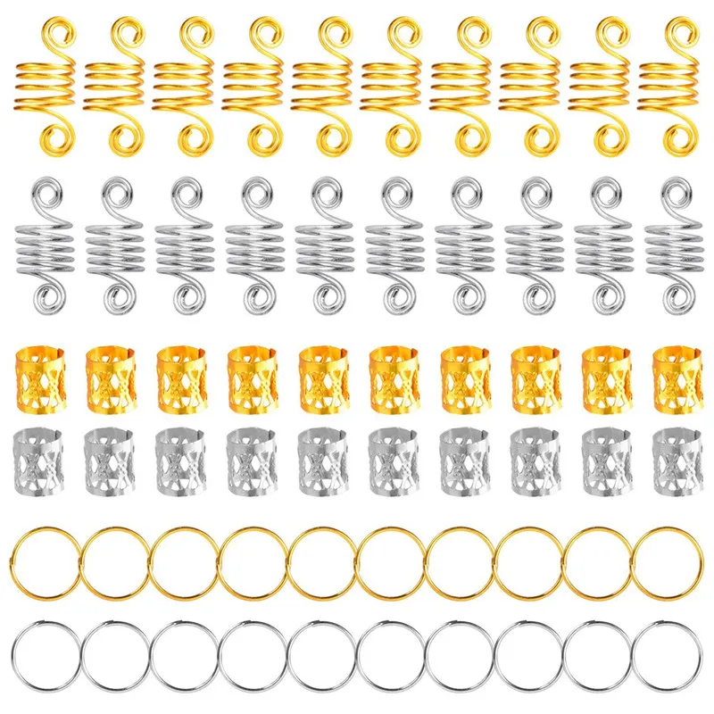 

60pcs/set Adjustable Hair Braid African Tubes Metal Cuffs Hair Rings Hair Braids Silver Golden Hair Beads For Dreadlocks