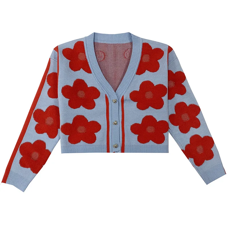 

Brand Fashion Winter Retro 3D Flower Knitted Cardigan V-Neck Long-Sleeved Short Jacket Women Blue Sweater 2021 Fashion New