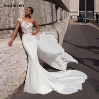 smileven mermaid wedding dress satin lace appliqued boho wedding gown nude top vestido de noiva bride dresses