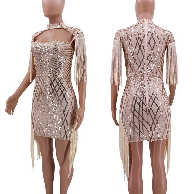 Сексуальное платье SEBOWEL с кисточками и блестками женские облегающие блестящие