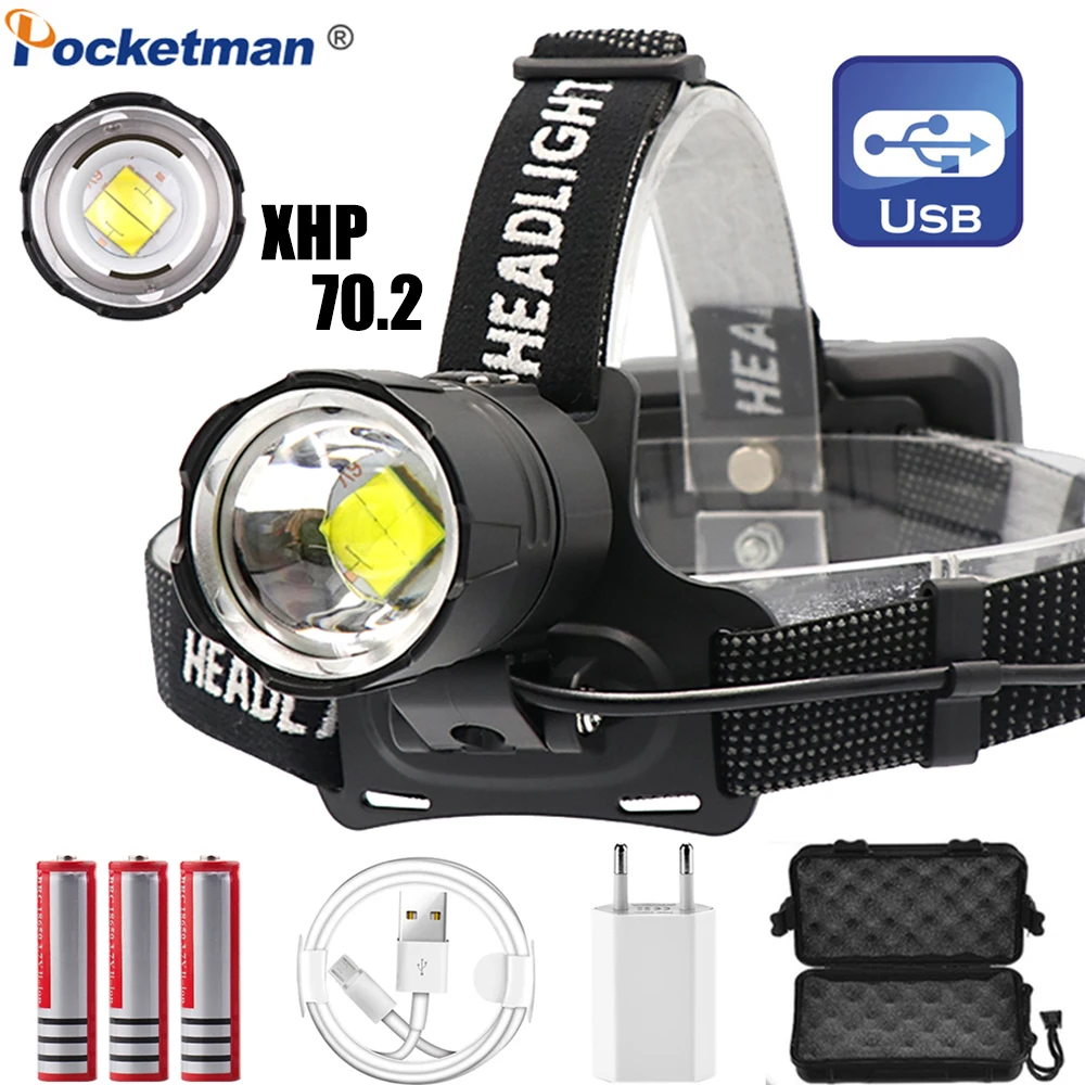 Мощсветильник светодиодный налобный фонарь XHP70.2 с аккумулятором 18650 и USB