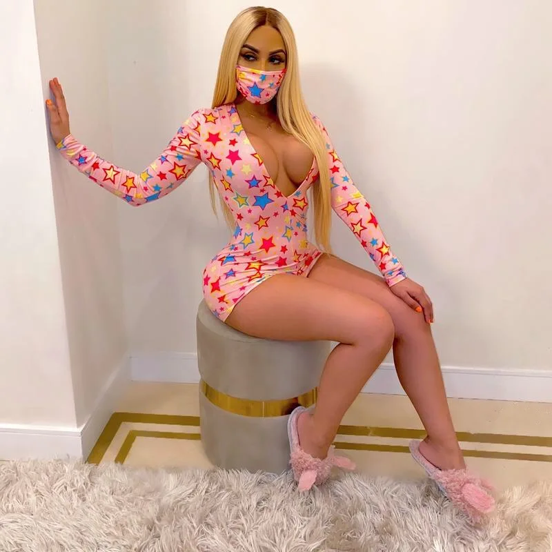 

Two Pieces Outfits Fashion Star Pattern Printing Women Jumpsuits 2020 Newest INS Sexy Lady Shorts Playsuits Deep V Neeck Long