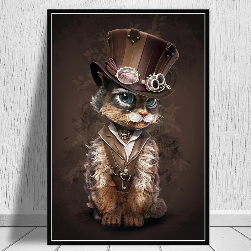 

Animals Fun Art Steampunk Cat OIL ON Canvas Painting Art Posters and Prints Wall Art Pictures for Living Room Home Decor
