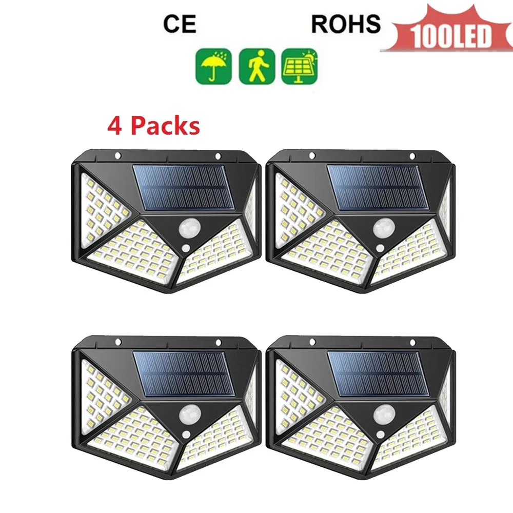 

100LED Solar Lights Outdoor Motion Sensor Wall Sconces Light with Remote Control Lamp Security Lighting For Garden Wall 4 sided